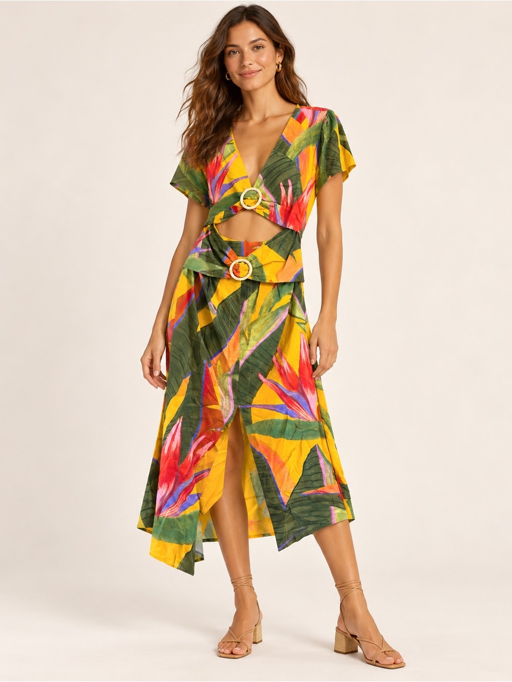 Farm Rio Yellow Garden Midi Dress Womens Large NWT Tropical Cutout Ring Detail - Picture 5 of 13